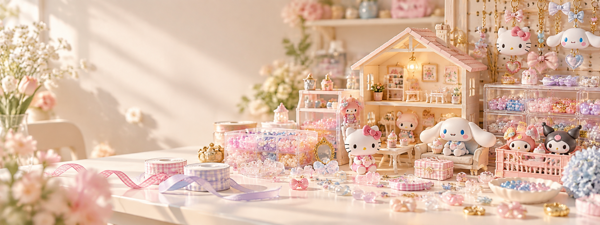 Pastel craft room with beads, ribbons, character figures and a miniature dollhouse